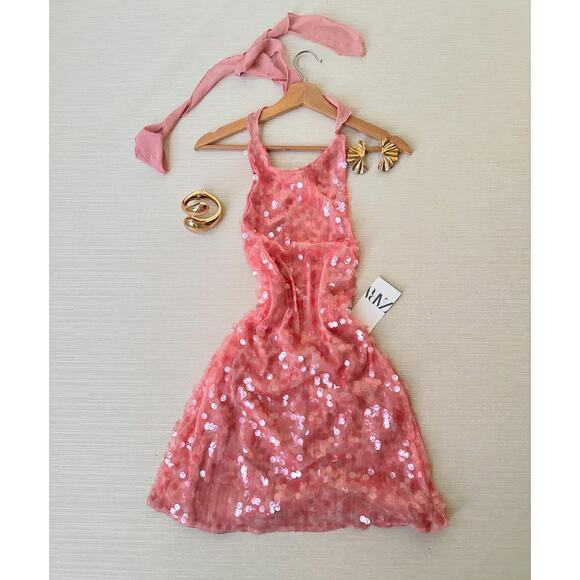 ZARA Pink Sequin Open Back Halter Mini Dress NWT | Blogger Favorite - Picture 16 of 16